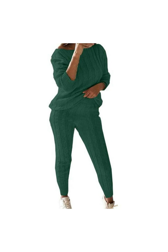 Fall Winter Tracksuit Women 2 Piece Sweater Set Solid Color Off Shoulder Long Sleeve Cable Knitted Warm Two-Piece Long Pants Sweater Suit Set Green M