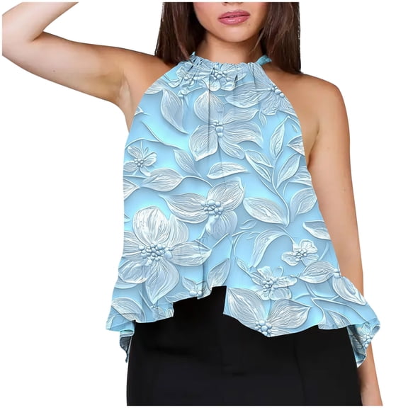 Ecqkame Fashion Tank Tops for Women Casual Flowy Crewneck Peplum Party Tops Cute Ruffle Loose Sleeveless Floral Print Tops Blue-C M
