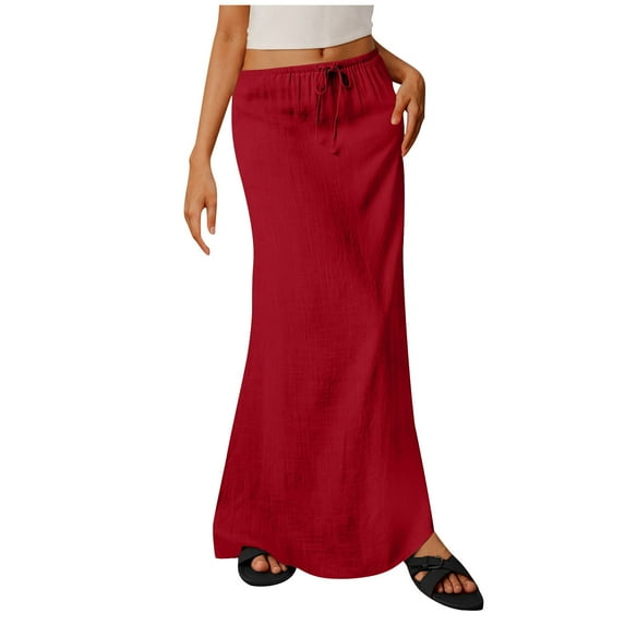 Ecqkame Fashion Women Flared Maxi Skirt Solid Color Elastic Waist Drawstring Long Skirt Lightweight Flowy Ankle-Length Skirt Red S
