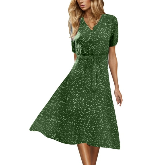 Ecqkame Fashion Women Summer Casual Long Dresses V-Neck Tummy Control Belted Dresses Polka Dots Print Short Sleeve Flowy Dresses Army Green S