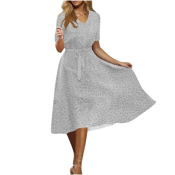 Ecqkame Fashion Women Summer Casual Long Dresses V-Neck Tummy Control Belted Dresses Polka Dots Print Short Sleeve Flowy Dresses Gray S