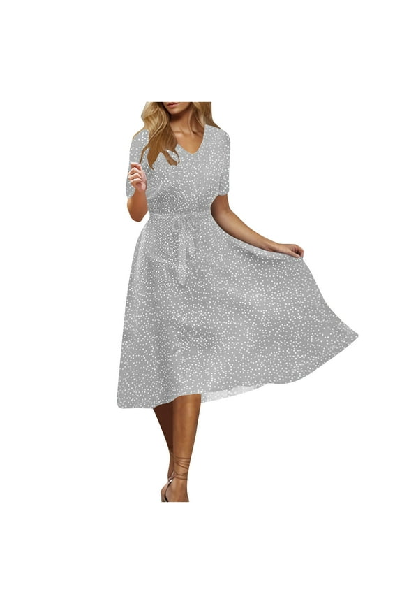 Fashion Women Summer Casual Long Dresses V-Neck Tummy Control Belted Dresses Polka Dots Print Short Sleeve Flowy Dresses Gray XXL