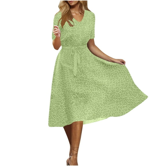 Ecqkame Fashion Women Summer Casual Long Dresses V-Neck Tummy Control Belted Dresses Polka Dots Print Short Sleeve Flowy Dresses Green XL