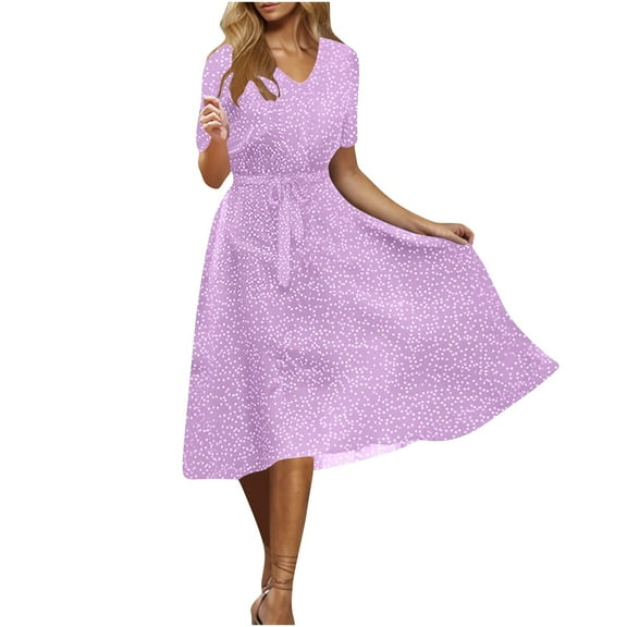 Ecqkame Fashion Women Summer Casual Long Dresses V-Neck Tummy Control Belted Dresses Polka Dots Print Short Sleeve Flowy Dresses Purple XXL