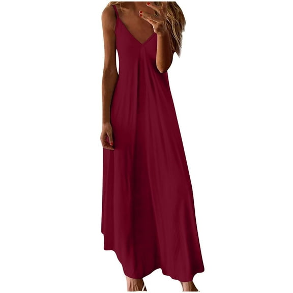 Ecqkame Fashion Women's Camis Maxi Dress Sexy Deep V Neck Sleeveless Dresses Solid Color Spaghetti Strap Dresses Wine M