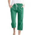 thumbnail image 1 of Ecqkame Fashion Womens Cotton Linen Cropped Pants Casual Solid Color Elastic Waist Drawstring Pants Loose Straight Leg Lightweight Trousers with Pockets 01-Green XXXL, 1 of 4