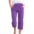 thumbnail image 1 of Ecqkame Fashion Womens Cotton Linen Cropped Pants Casual Solid Color Elastic Waist Drawstring Pants Loose Straight Leg Lightweight Trousers with Pockets 02-Purple XL, 1 of 5