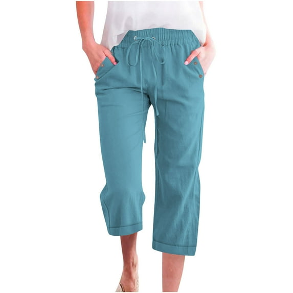 Ecqkame Fashion Womens Cotton Linen Cropped Pants Casual Solid Color Elastic Waist Drawstring Pants Loose Straight Leg Lightweight Trousers with Pockets 02-Sky Blue XXXL