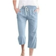 thumbnail image 1 of Ecqkame Fashion Womens Cotton Linen Cropped Pants Casual Solid Color Elastic Waist Drawstring Pants Loose Straight Leg Lightweight Trousers with Pockets 01-Light Blue-A XL, 1 of 4