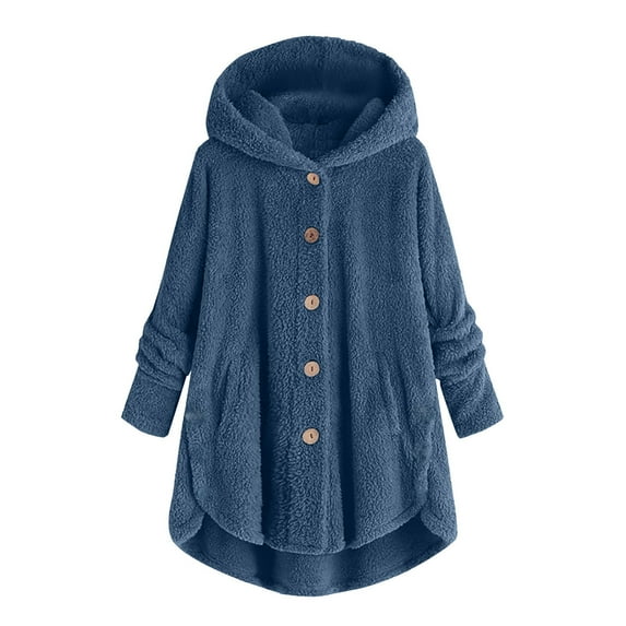 Ecqkame Fleece Jacket Women Plus Size Button Up Plush Tops Hooded Long Sleeve Loose Cardigan Wool Winter Coat Blue S