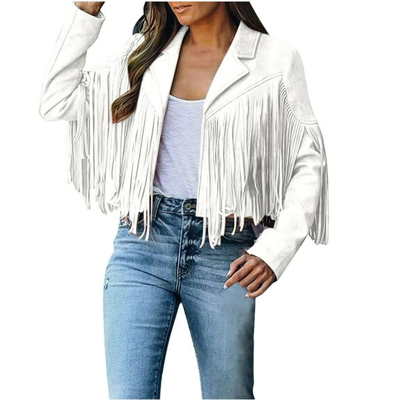 Ecqkame Fringe Faux Suede Jackets for Women Leather Cowboy Style Short Moto Biker Coat Long Sleeve Tassels Cardigan Outerwear White M
