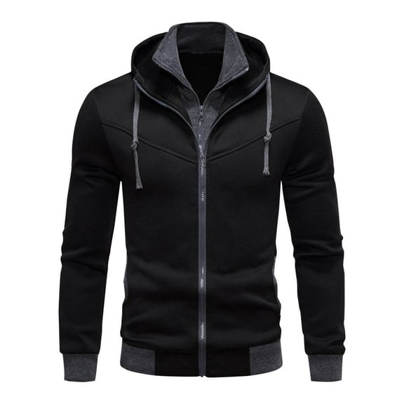 Ecqkame Full Zip Sweatshirts for Men Cotton Casual Long Sleeve Solid Color Zip Up Jacket with Zipper Pockets A-Black XXL