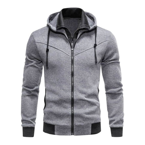 Ecqkame Full Zip Sweatshirts for Men Cotton Casual Long Sleeve Solid Color Zip Up Jacket with Zipper Pockets A-Gray L