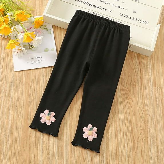 Ecqkame Girls Athletic Casual Cotton Pant Toddler's Summer Soft Cute Floral Print Ribbed Full Length Pant Leggings Baby Elastic Pants D-Black C 80