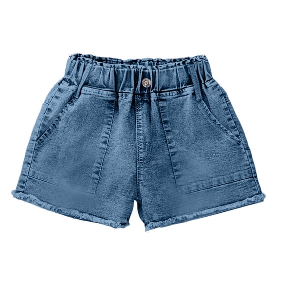 Ecqkame Girls Baggy Jeans Shorts Casual Loose Fit Elastic Waist Everyday Versatile Denim Shorts with Pockets for Kids Daily Wear Blue 9-10 Years