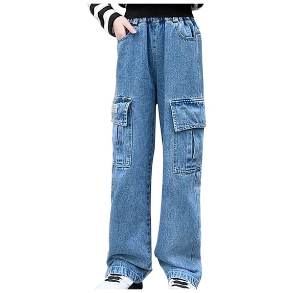 Ecqkame Girls' Casual Cargo Straight Leg Jeans Kids Summer Cute Solid Elastic Waist Comfy Full Length Demim Pants with Pocket Blue F 12 Years