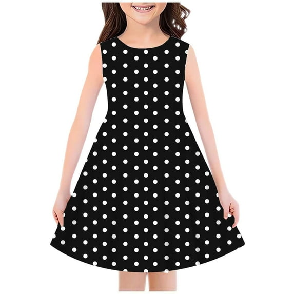 Ecqkame Girls Casual Dresses Child Fashion Summer Sleeveless Crew Neck Plaid Cute A-Line Dress A-Black 130