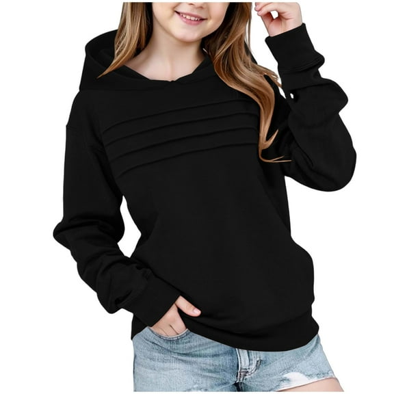 Ecqkame Girls Crewneck Sweatshirts Casual Long Sleeve Textured Pleated Front Sweatshirt Lightweight Comfortable Pullover Tops 2-14 Years Black 2 Year