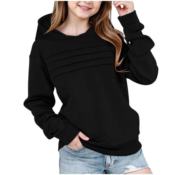 Ecqkame Girls Crewneck Sweatshirts Casual Long Sleeve Textured Pleated Front Sweatshirt Lightweight Comfortable Pullover Tops 2-14 Years Black 7 Year