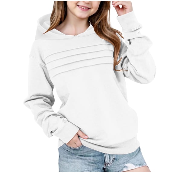 Ecqkame Girls Crewneck Sweatshirts Casual Long Sleeve Textured Pleated Front Sweatshirt Lightweight Comfortable Pullover Tops 2-14 Years White 11 Year