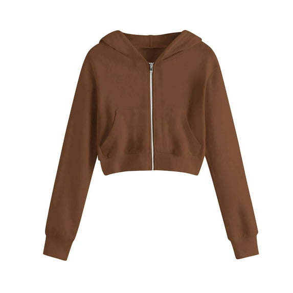 Ecqkame Girls Crop Sweatshirts Casual Solid Color Short Style Jackets Hooded Long Sleeved Sweatshirt with Pockets for Teens Brown 130