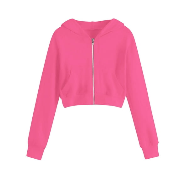 Ecqkame Girls Crop Sweatshirts Casual Solid Color Short Style Jackets Hooded Long Sleeved Sweatshirt with Pockets for Teens Hot Pink 120