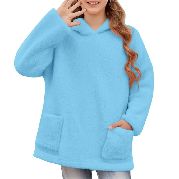 Ecqkame Girls Double Sided Velvet Hoodies Winter Thickened Warm Hooded Long Sleeved Fleece Sweatshirts with Pockets 4-15 Years Blue 5 Year