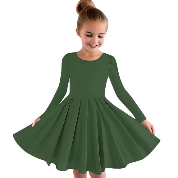 Ecqkame Girls Elegant Fall Dresses Kids Children Solid Long Sleeve Crew Neck Stretchy Dress A Line Skating Recital Dress A-Army Green 4 Years