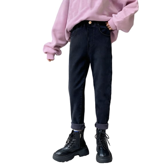 Ecqkame Girls Fleece Lining Jeans Casual Fashion Solid Color Warm Denim Pant Elastic Waist Loose Comfortable Trousers Black 10 Year