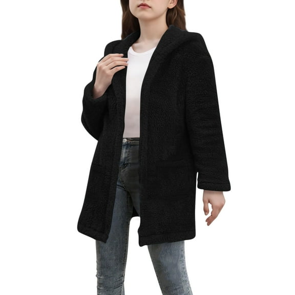 Ecqkame Girls Sherpa Jackets Fleece Zip Up Coat Hoodie Fuzzy Solid Color Long Sleeved Hooded Cardigan Sweatshirt 5-15 Years Black 9 Year