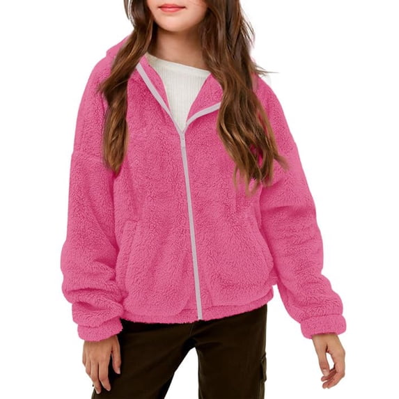 Ecqkame Girls Sherpa Jackets Fleece Zip Up Coat Hoodie Fuzzy Solid Color Long Sleeved Hooded Cardigan Sweatshirt 5-15 Years Hot Pink 160