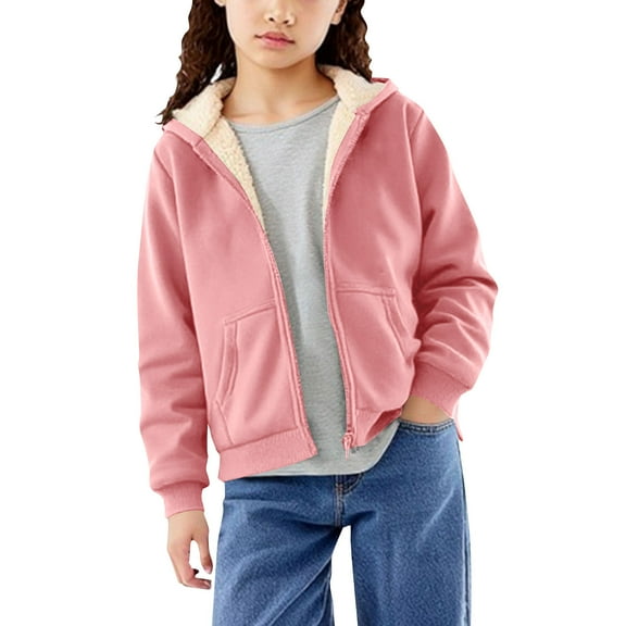 Ecqkame Girls Velvet Lined Hoodies Winter Thickened Warm Full Zip Hooded Jacket Long Sleeved Fleece Sweatshirts with Pockets 3-12 Years Pink 7 Year