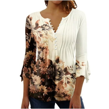 Ecqkame Going Out Tops for Women Summer Casual Quarter Button Up Blouse 3/4 Sleeves V Neck Pullover Tunic Shirts A-Beige L on Clearance