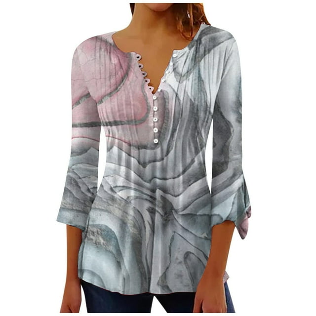 Ecqkame Going Out Tops for Women Summer Casual Quarter Button Up Blouse 3/4 Sleeves V Neck Pullover Tunic Shirts C-Gray S on Clearance