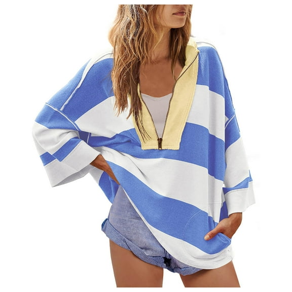 Ecqkame Half Zip Sweatshirt for Women Oversized Striped Color Block Shirts Casual V Neck Long Sleeve Pullover Fall Tops Blue L