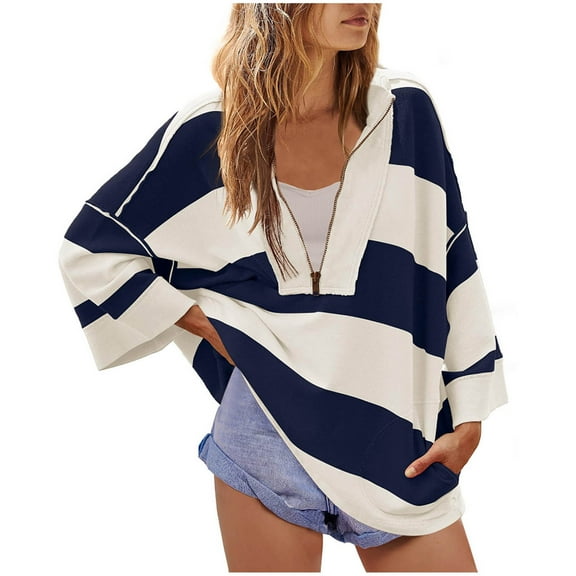 Ecqkame Half Zip Sweatshirt for Women Oversized Striped Color Block Shirts Casual V Neck Long Sleeve Pullover Fall Tops Navy XXL