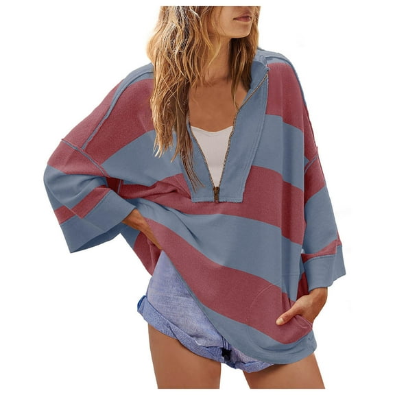 Ecqkame Half Zip Sweatshirt for Women Oversized Striped Color Block Shirts Casual V Neck Long Sleeve Pullover Fall Tops Wine L