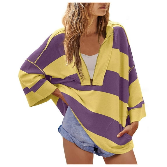 Ecqkame Half Zip Sweatshirt for Women Oversized Striped Color Block Shirts Casual V Neck Long Sleeve Pullover Fall Tops Yellow XXL