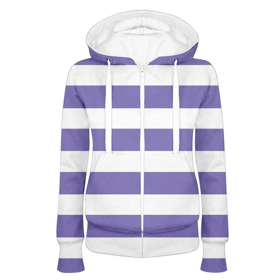 Ecqkame Hoodie For Women Zip Up Sweatshirts Women Fashion Hooded Slim Fitting Zipper Stripe Printed Sweater Purple C L