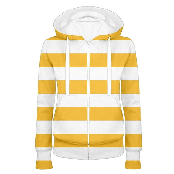 Ecqkame Hoodie For Women Zip Up Sweatshirts Clearance Women Fashion Hooded Slim Fitting Zipper Stripe Printed Sweater Yellow C L