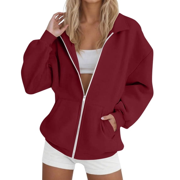 Ecqkame Hoodies For Women Lightweight Oversized Long Sleeve Hooded Casual Zip Uptops Solid Color Drop Shoulder Fashion Sweatshirts Red XL