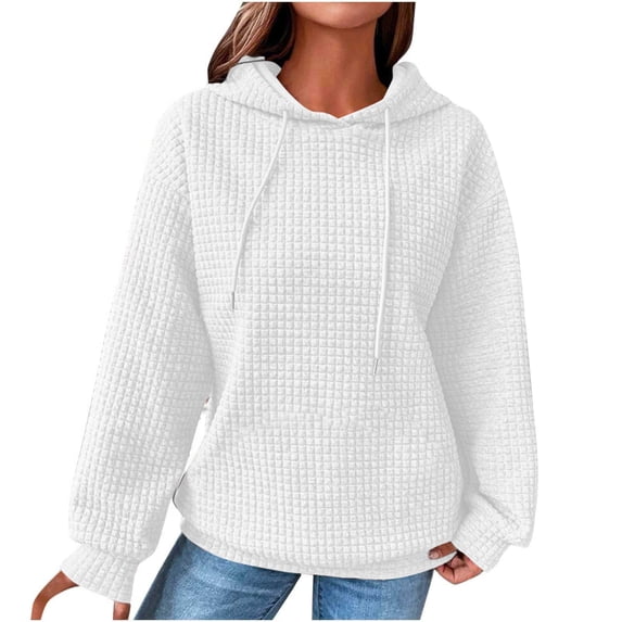 Ecqkame Hoodies for Women Fashion Solid Color Casual Long Sleeve Round Neck Hoodie Plain No Pockets Essential Hoodie White M