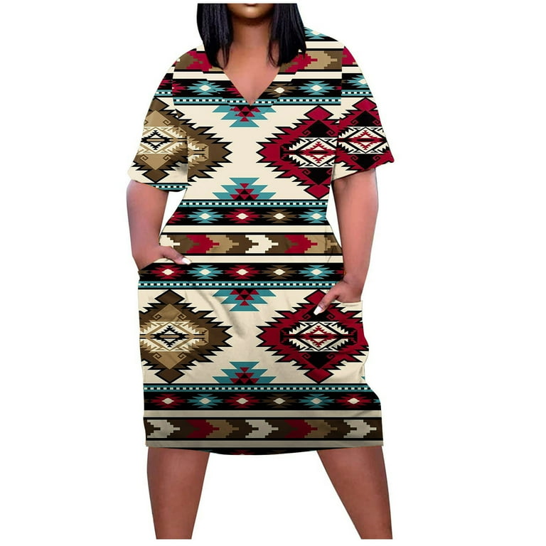 Ecqkame Indian Dresses for Women Women's Plus Size Dress V Neck Summer Casual Sundresses Pocket Knee Short Sleeve With Pockets Beige XXXL