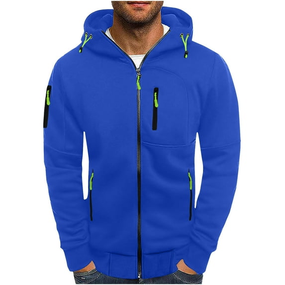 Ecqkame Jackets for Men Long Sleeve Solid Color Hooded Zip Up Swearshirt Lightweiht Jacket Blue S