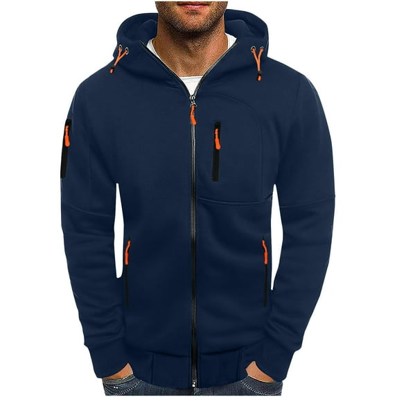 Ecqkame Jackets for Men Long Sleeve Solid Color Hooded Zip Up Swearshirt Lightweiht Jacket Navy XL on Clearance