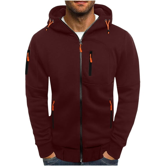 Ecqkame Jackets for Men Long Sleeve Solid Color Hooded Zip Up Swearshirt Lightweiht Jacket Wine M on Clearance