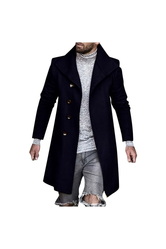 Jackets for Men Winter Business Woolen Coat Double Breasted Turndown Collar Mid Length Coat Coat A-Navy XXL