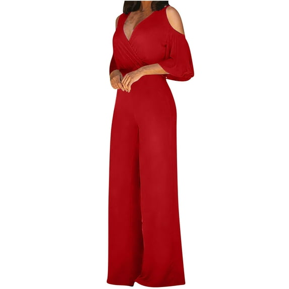 Ecqkame Jumpsuits for Women Dressy Wedding Fashion Wide Leg Pants Solid Short Sleeve V-Neck Tops Jumpsuits Red M Clearance Items