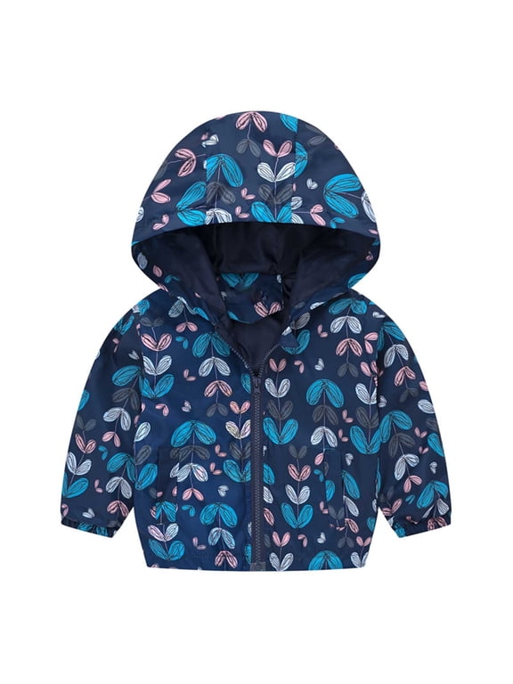 Kids Jacket Toddler Kids Baby Boys Girls Fashion Cute Cartoon Flowers Car Pattern Windproof Jacket Hooded Coat Sky Blue 3-4Years