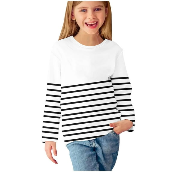 Ecqkame Kids Stripe T-Shirt Childrens Summer Casual Long Sleeve Crew Neck Clothes Fashion Gradient Color Basic Tee Top B-White 7 Years